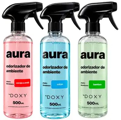 AURA odorizador de ambiente DOXY 500ml nas fragrâncias cereja e avelã, cóton e bamboo